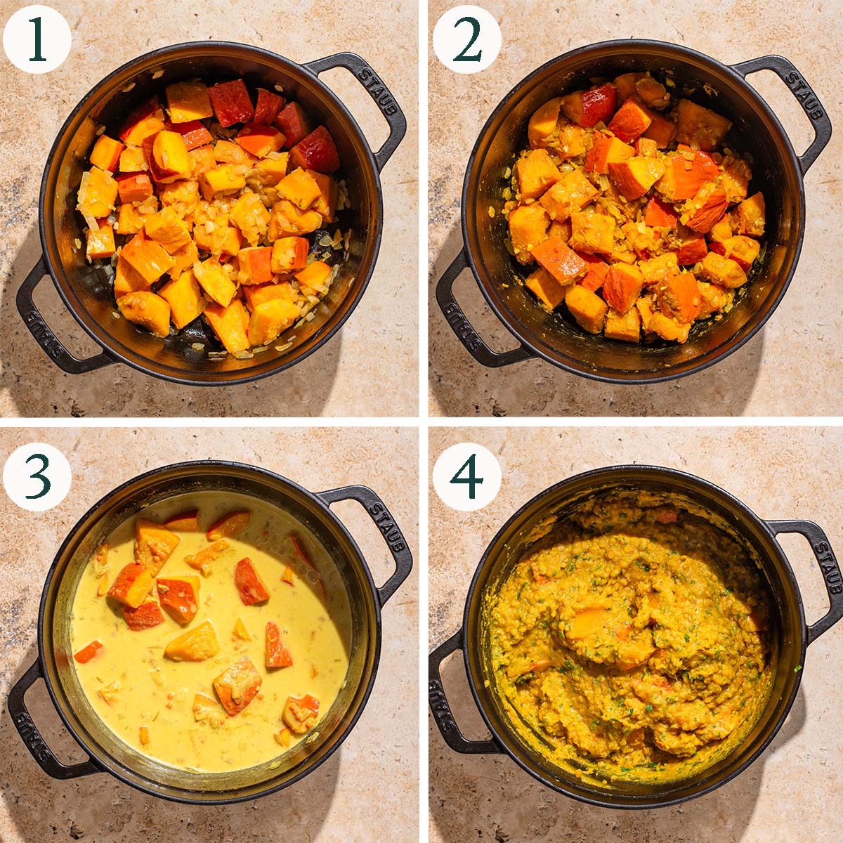 Curry steps 1 to 4, cooking vegetables and spices, coconut milk added, finished curry.