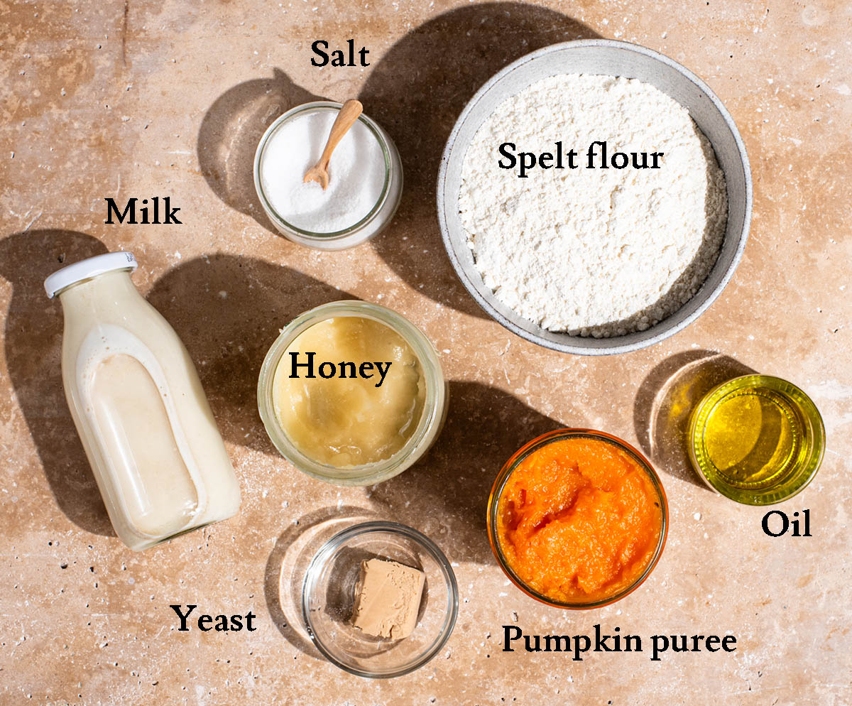 Pumpkin dinner rolls ingredients with labels.
