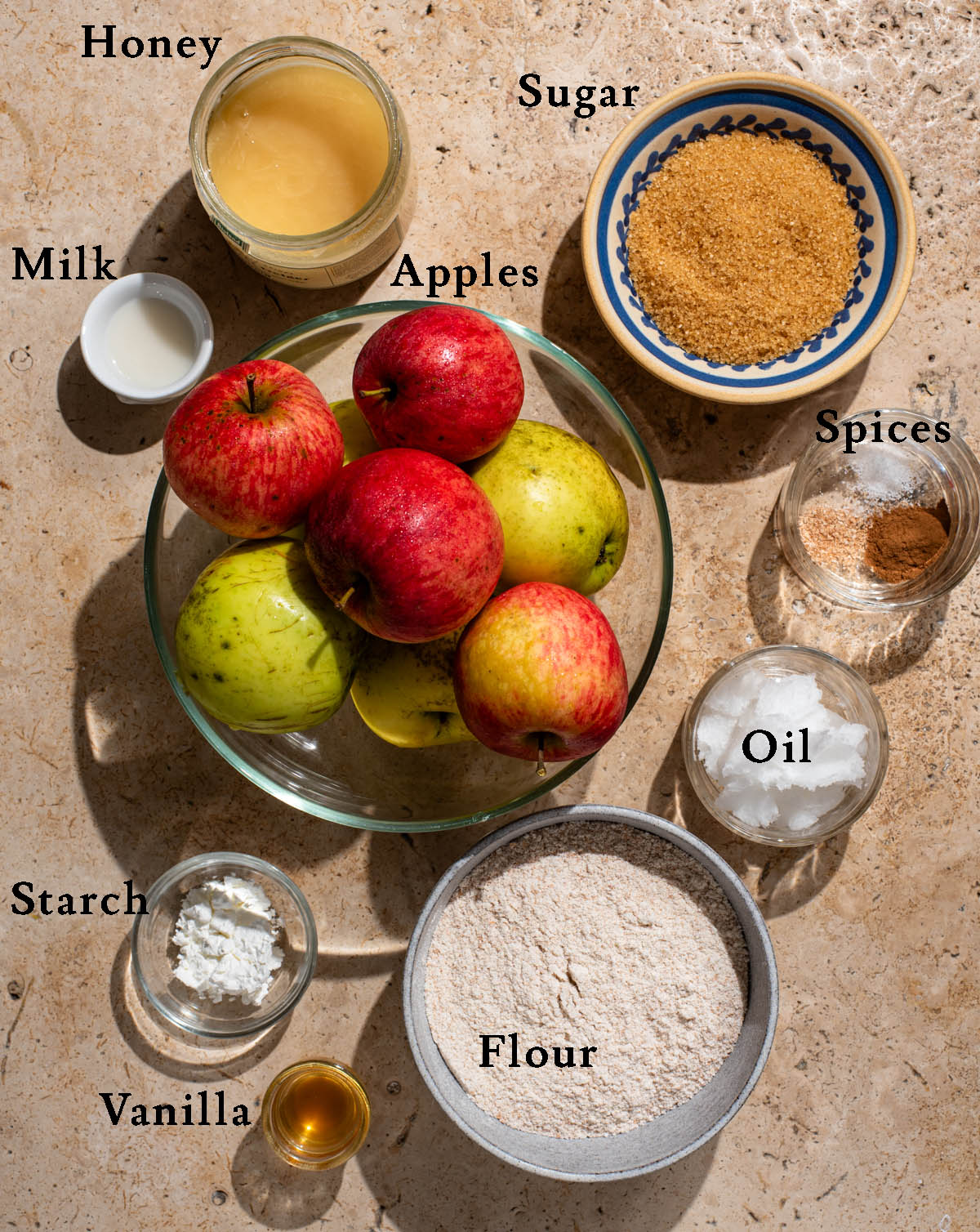 Vegan apple crumble ingredients with labels.