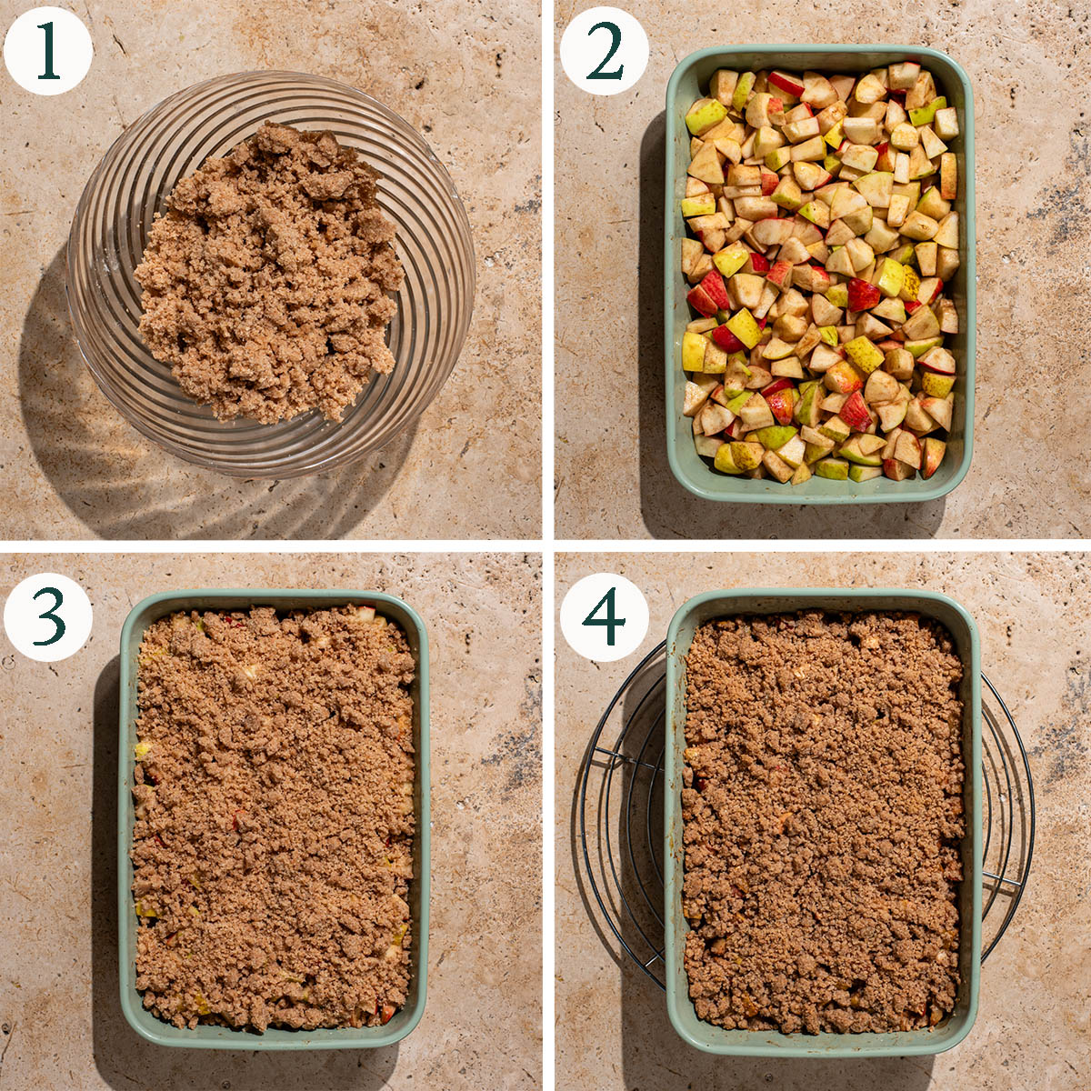 Apple crumble steps 1 to 2, mixing topping, apple base, before and after baking.