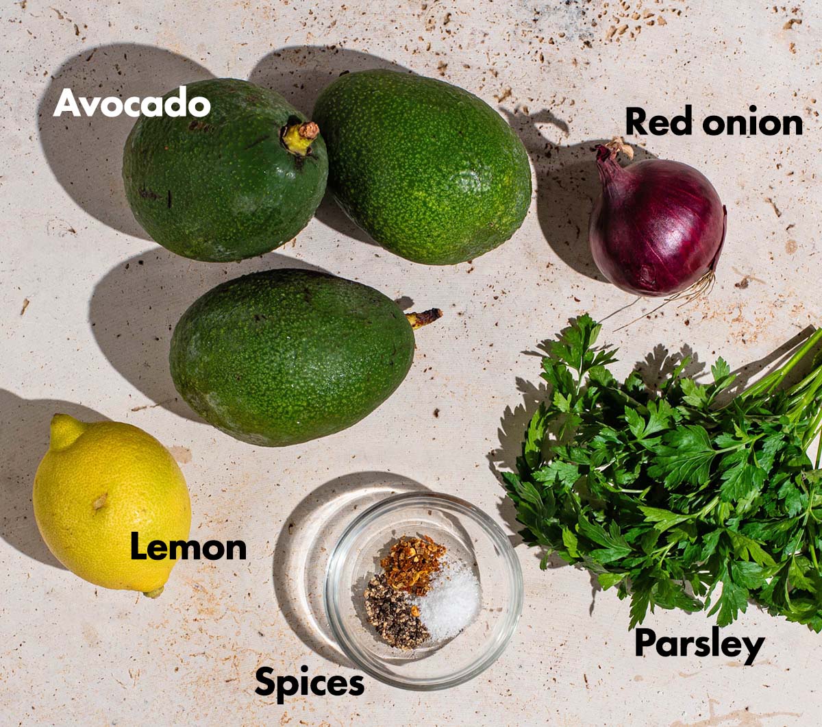 4 ingredient guacamole ingredients with labels.