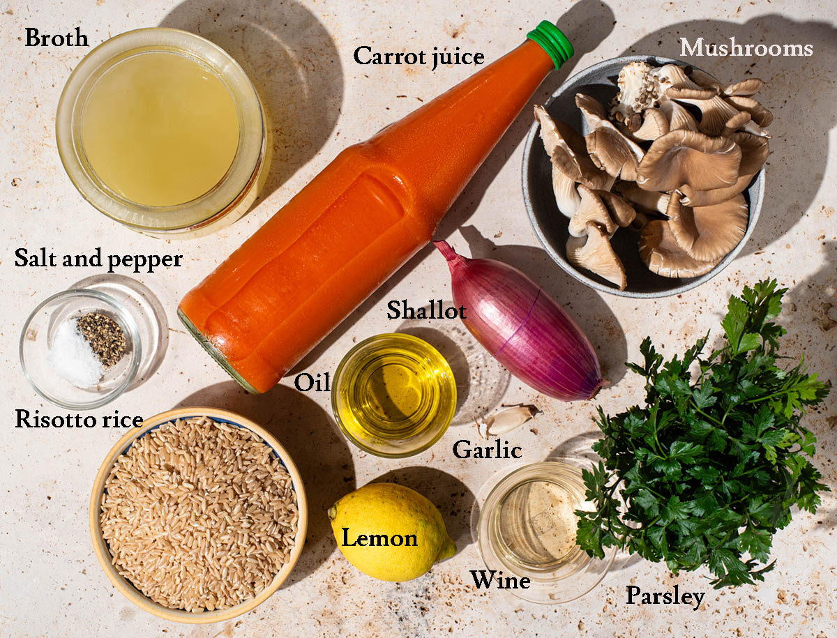 Carrot risotto ingredients with labels.