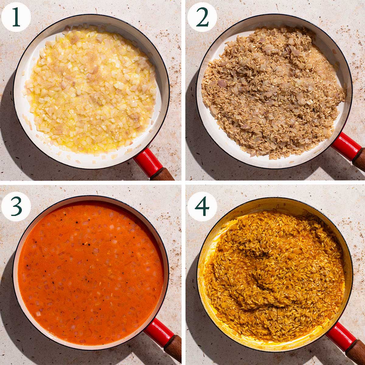 Risotto steps 1 to 4, cooking shallots, rice added, juice added, juice absorbed.