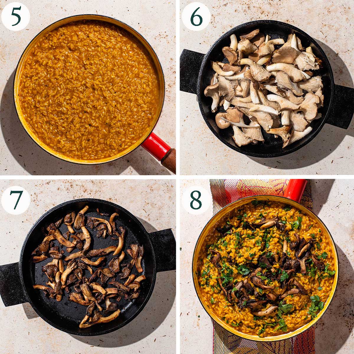 Risotto and mushrooms steps 5 to 8, finished rice, cooked mushrooms, and topped with mushrooms.