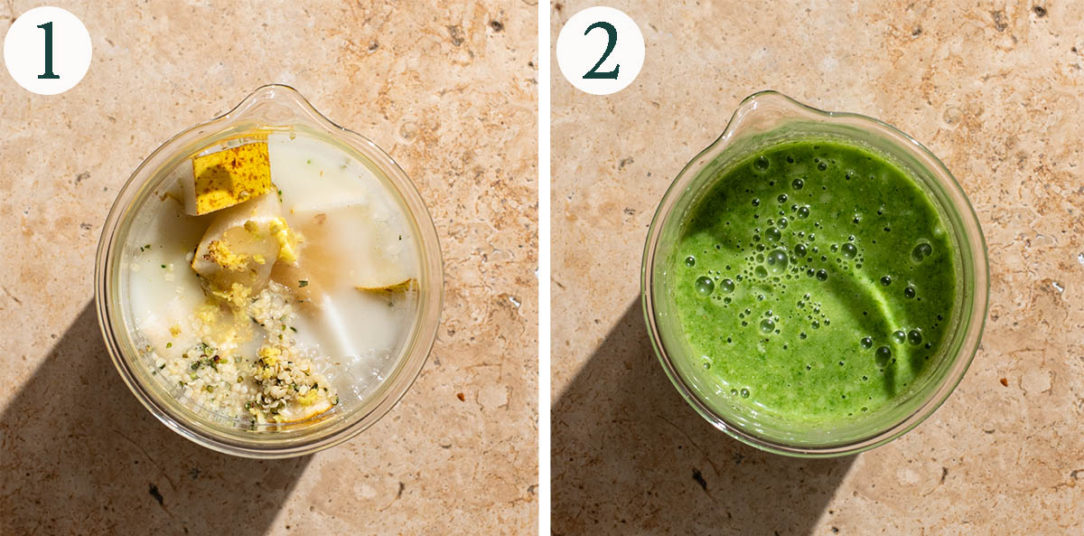 Pear smoothie before and after blending, step 1 and 2.