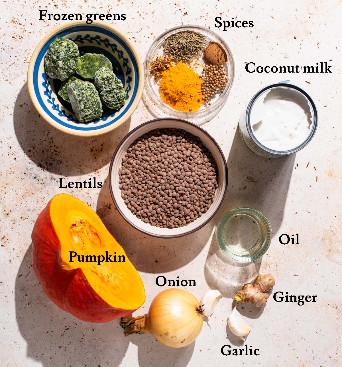Lentil pumpkin curry ingredients with labels.