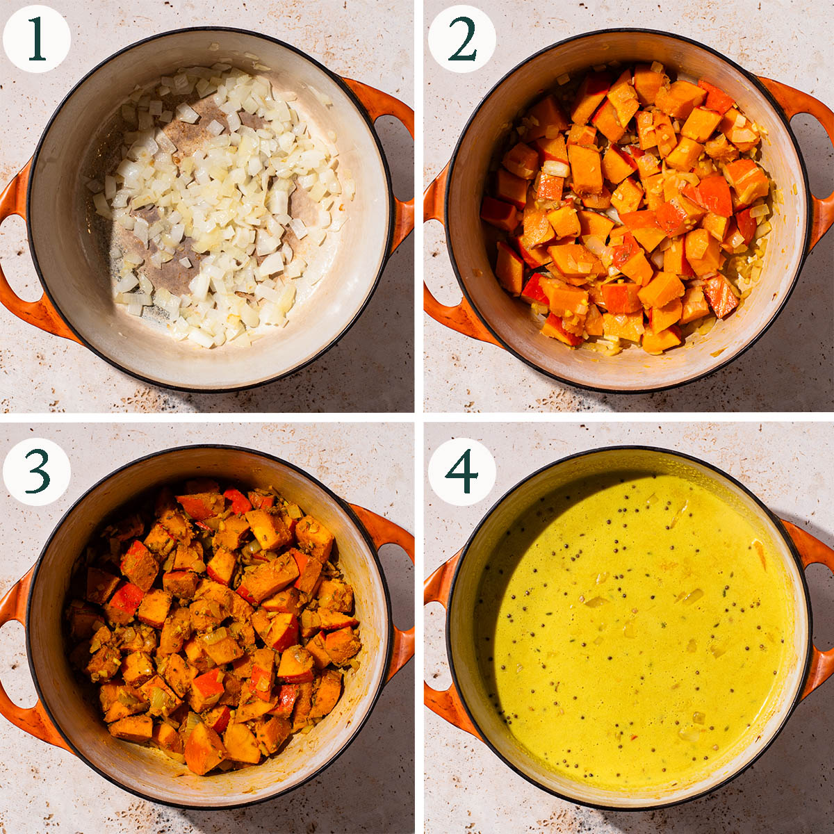 Pumpkin curry steps 1 to 4, cooking vegetables, spices added, coconut milk added.