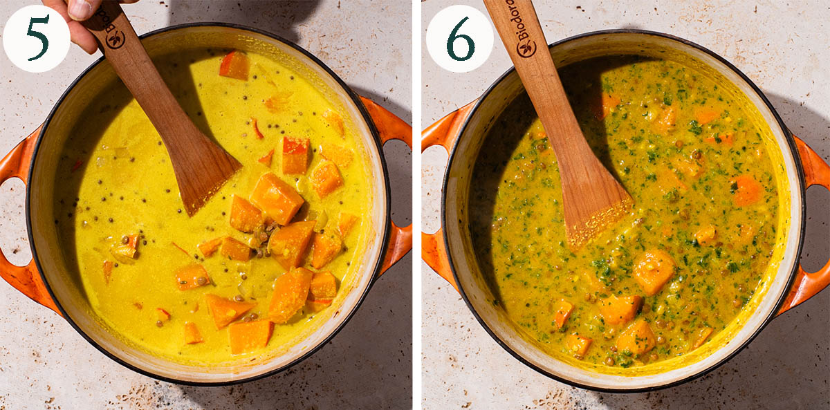 Curry steps 5 and 6, before and after simmering.