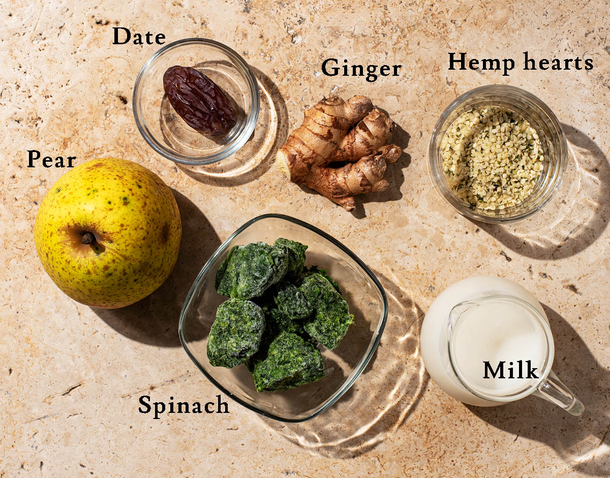 Pear smoothie ingredients with labels.