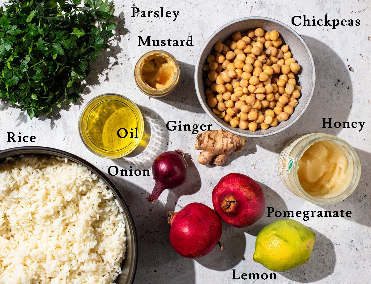 Rice salad ingredients with labels.