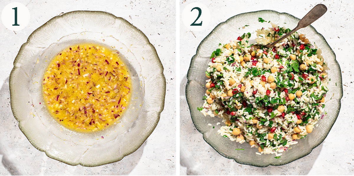 Salad steps 1 and 2, mixed dressing and mixed salad.