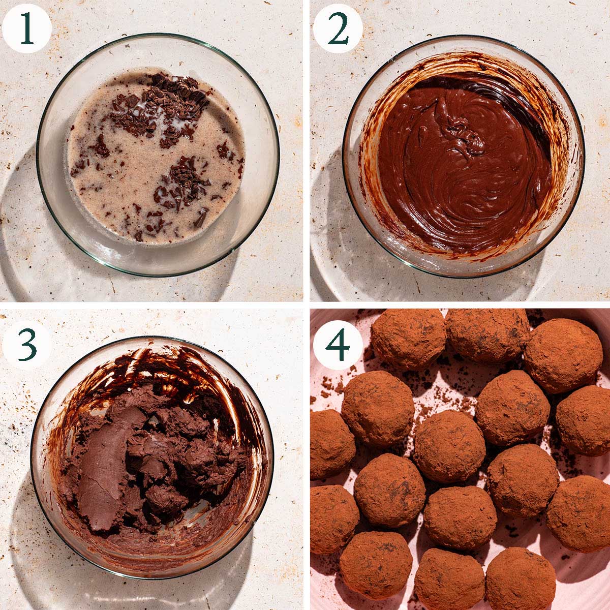 Truffles steps 1 to 4, melting chocolate, mixed, chilled, and rolled into truffles.