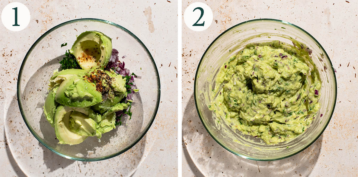 Guacamole steps 1 and 2, before and after mixing.