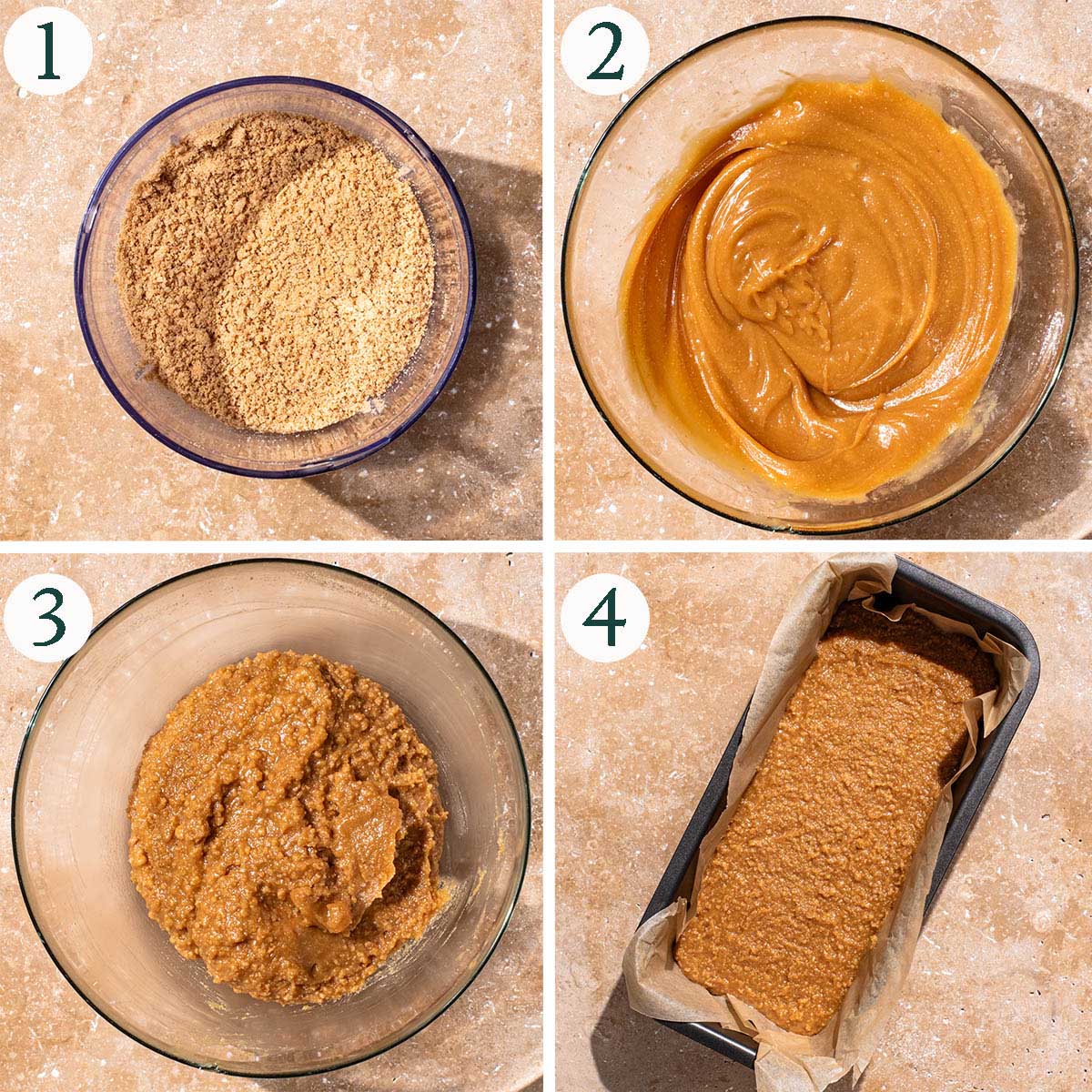 Bars steps 1 to 4, crushed cookies, mixing the base, pressed into a lined tin.