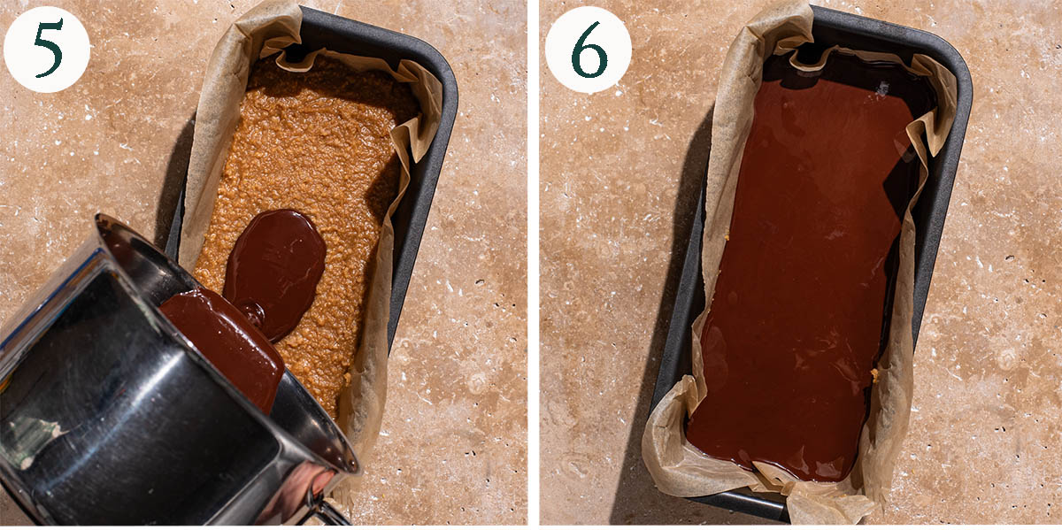 Bars steps 5 and 6, pouring chocolate on and fully covered in chocolate.