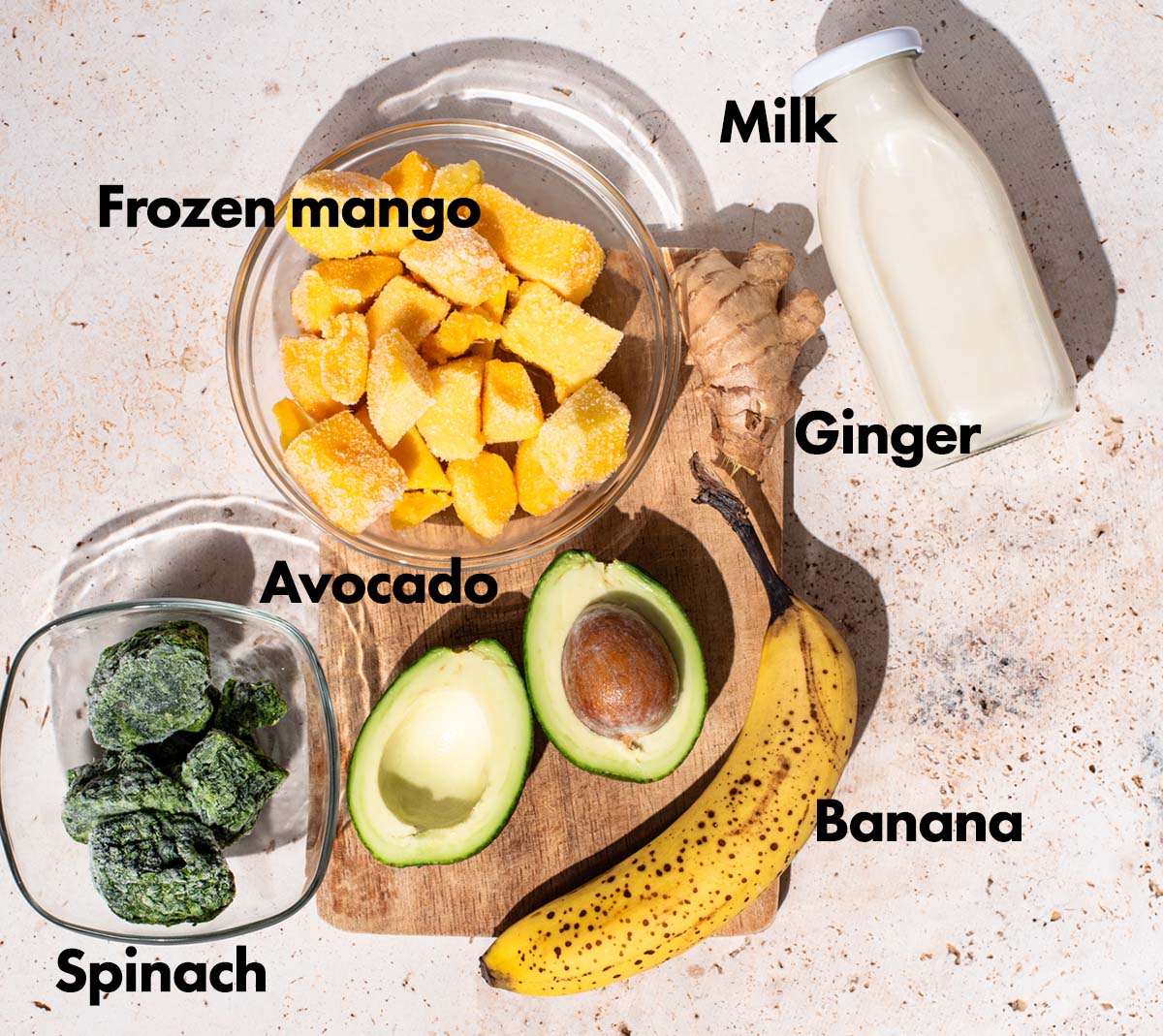 Avocado spinach smoothie ingredients with labels.