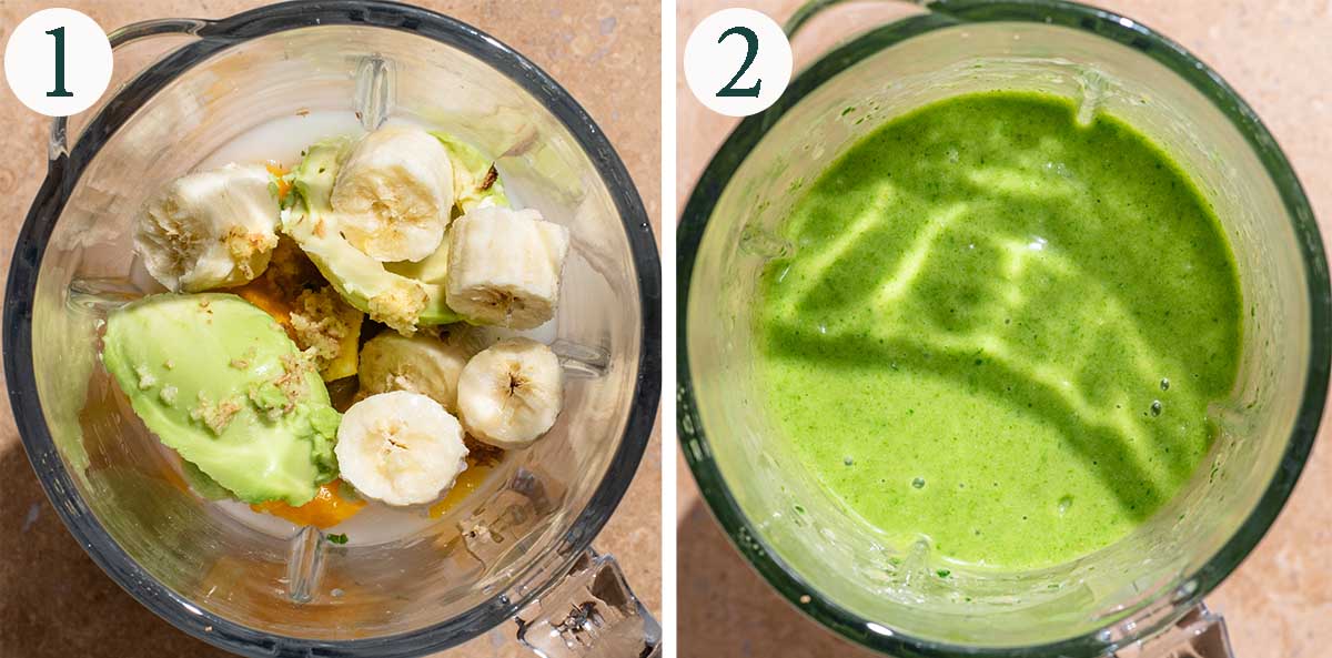Smoothie steps 1 and 2, before and after blending.