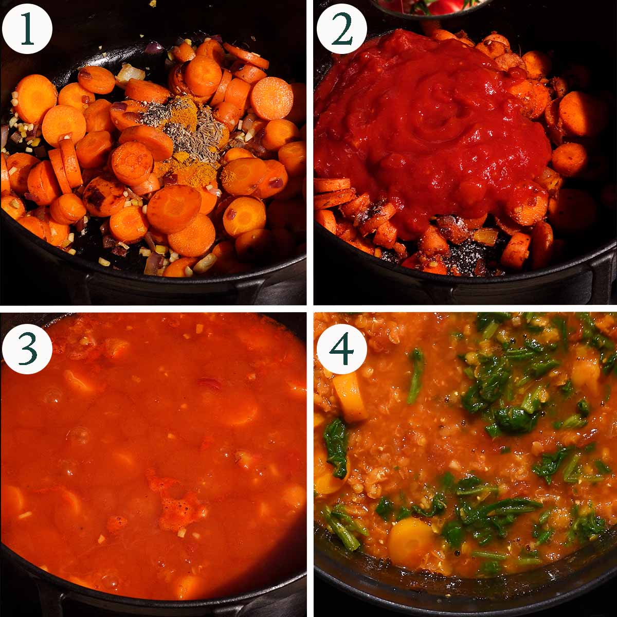 Carrot red lentil soup steps 1 to 4, cooking vegetables with spices, added tomatoes, cooking the soup, and with spinach stirred in.