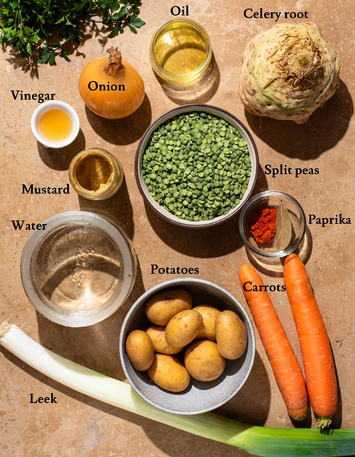 Vegetarian split pea soup ingredients with labels.
