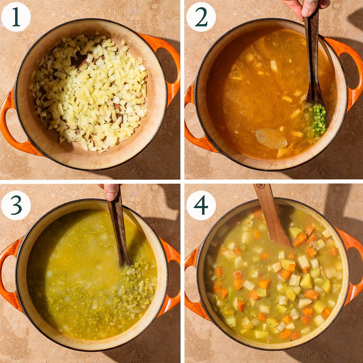 Pea soup steps 1 to 4, cooking onions, peas before and after cooking, and finished soup in the pot.