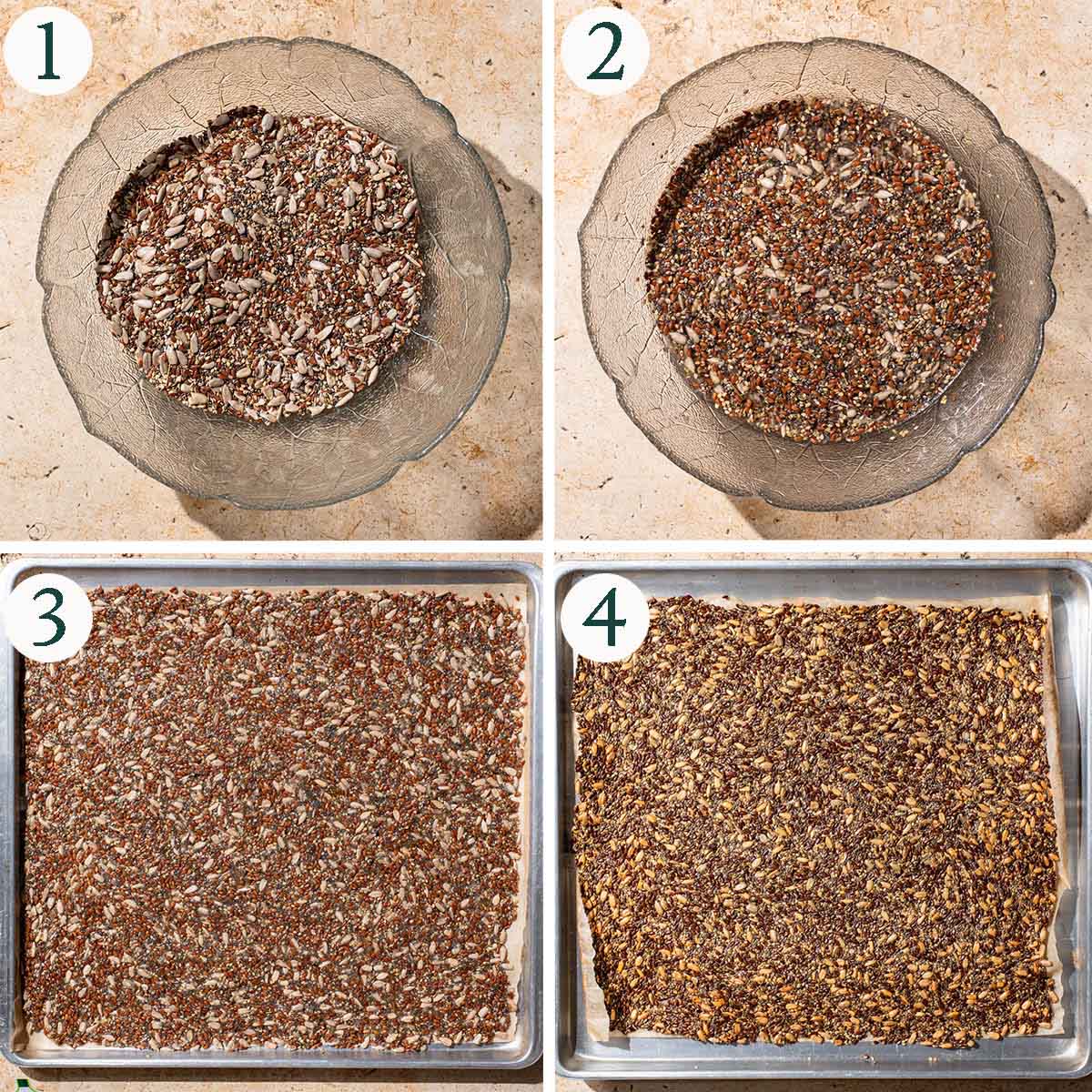 Crackers steps 1 to 4, mixed dry ingredients, mixed cracker batter, before and after baking.