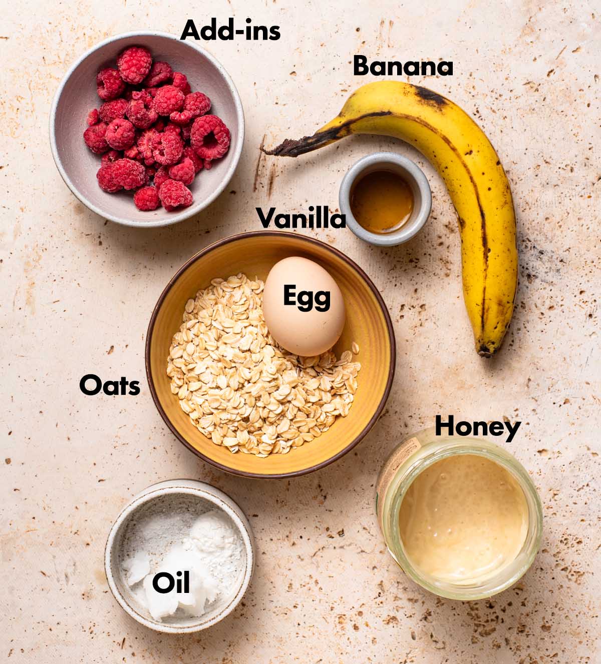Baked oats ingredients with labels.