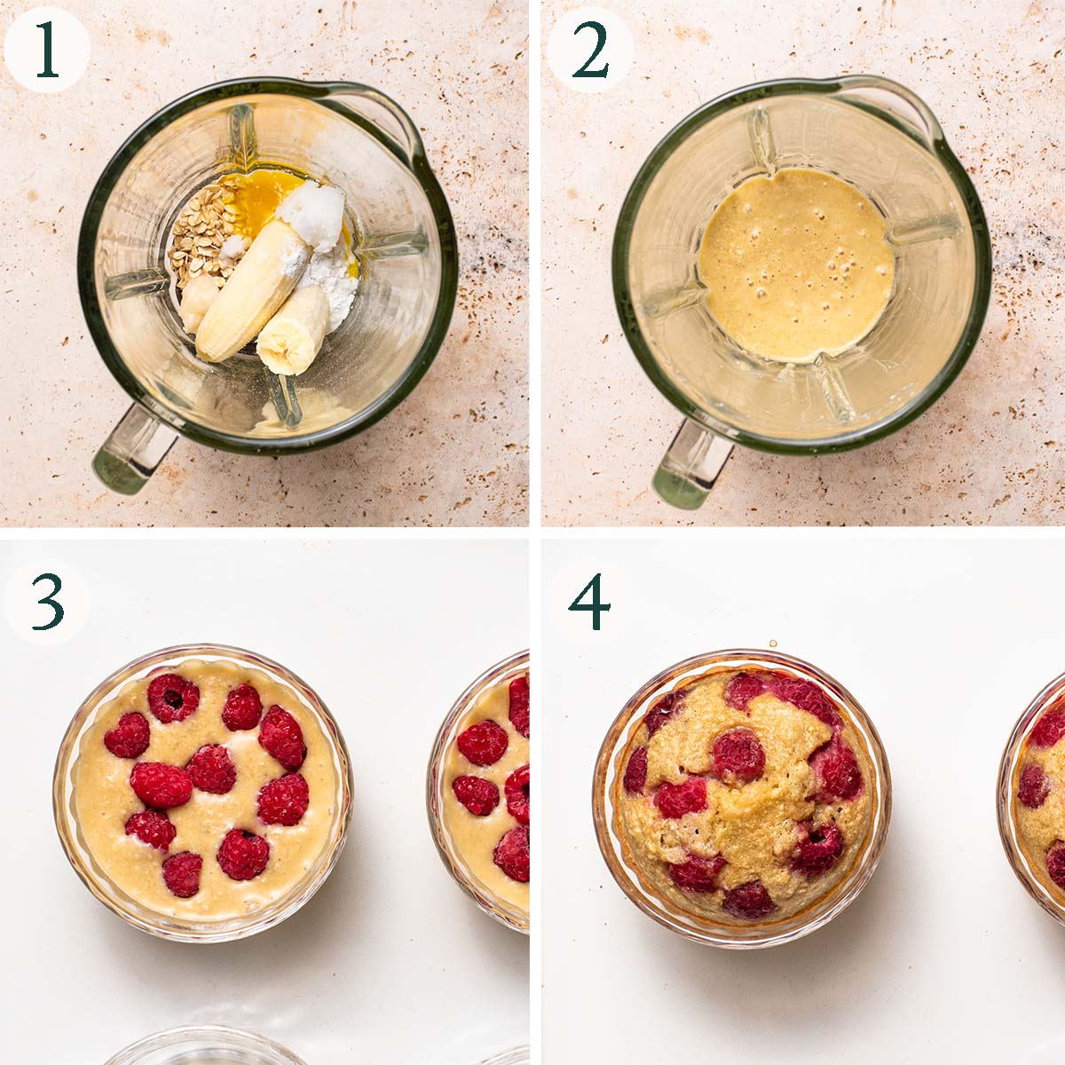 Oats steps 1 to 4, before and after blending, and before and after baking.