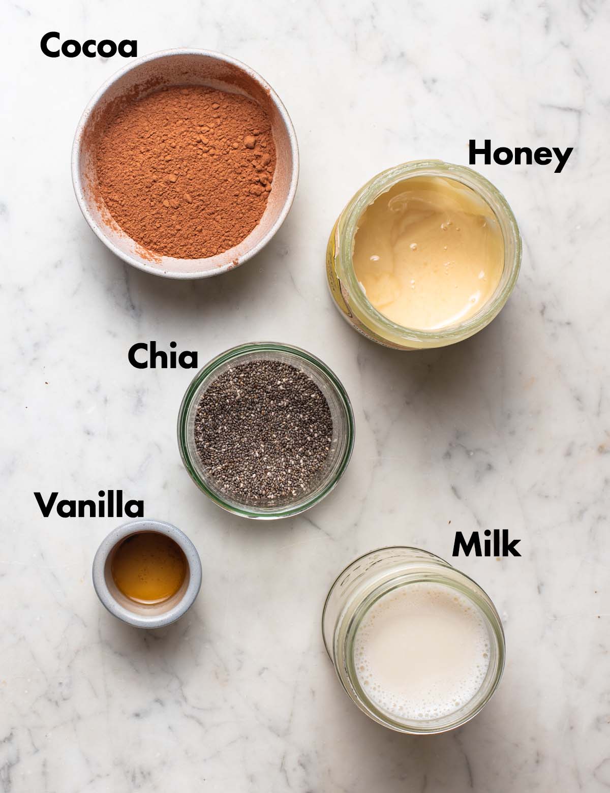Chocolate chia pudding ingredients with labels.