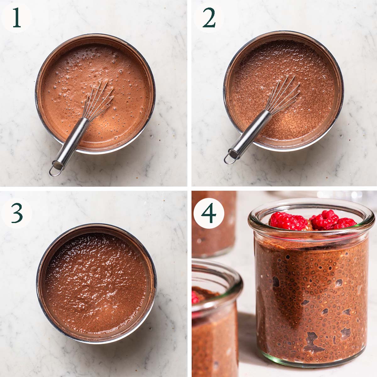 Chia pudding steps 1 to 4, mixing milk ingredients, chia added, chia after soaking, and in jars.