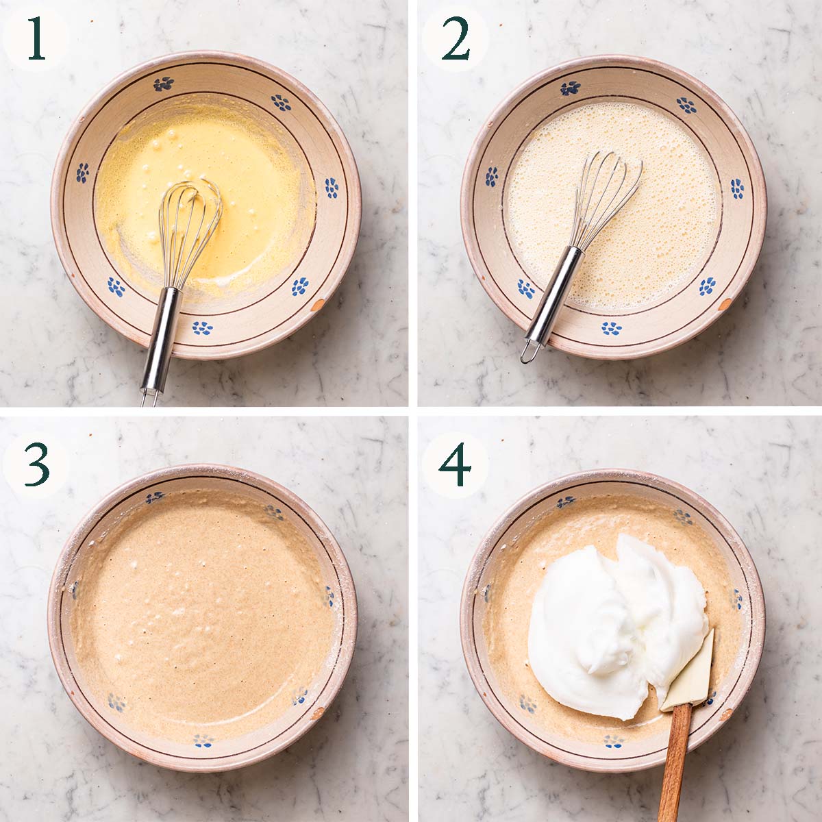 Pancakes steps 1 to 4, mixing wet ingredients, dry ingredients added, whipped egg whites added.