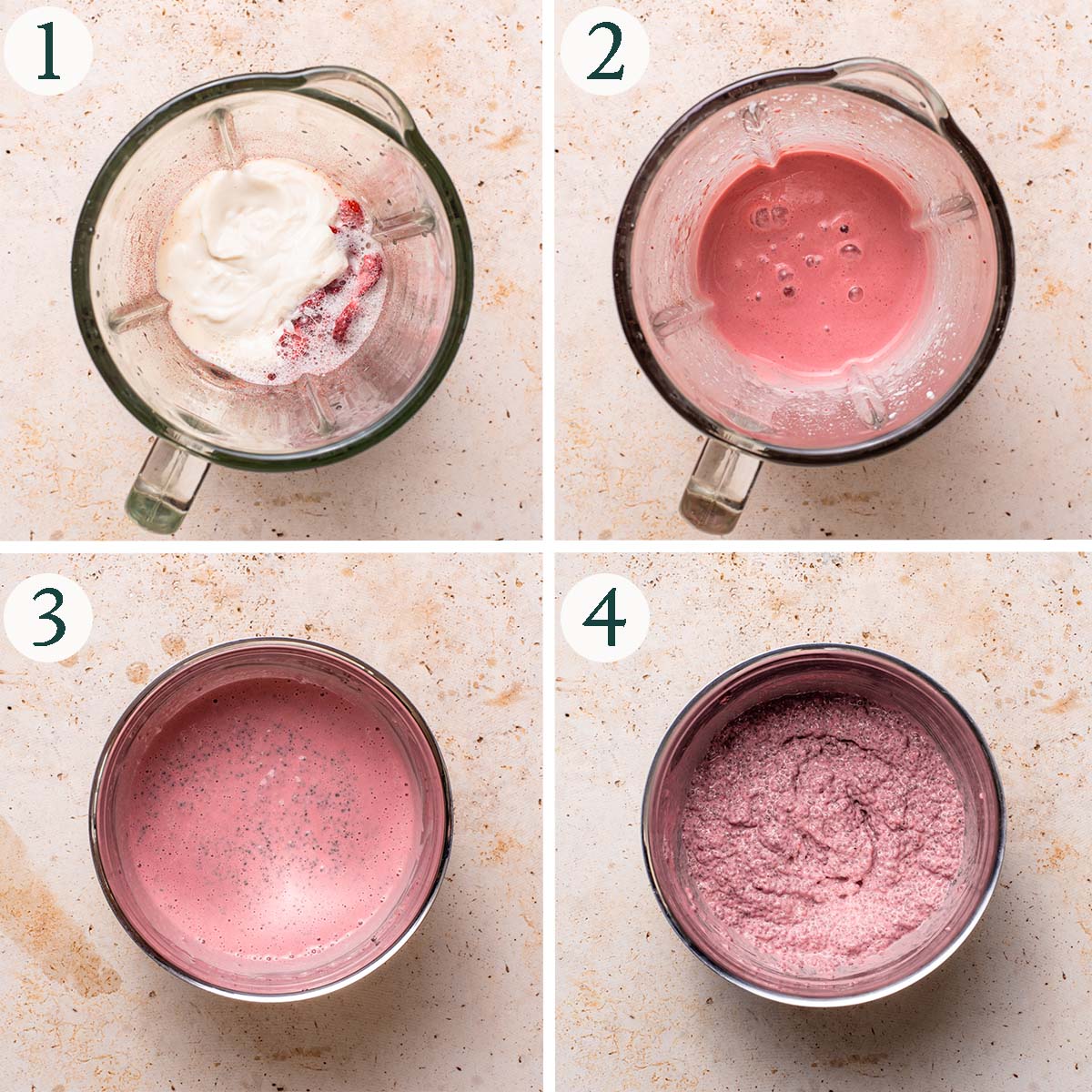 Chia pudding steps 1 to 4, before and after blending milk base, with chia added, after soaking.