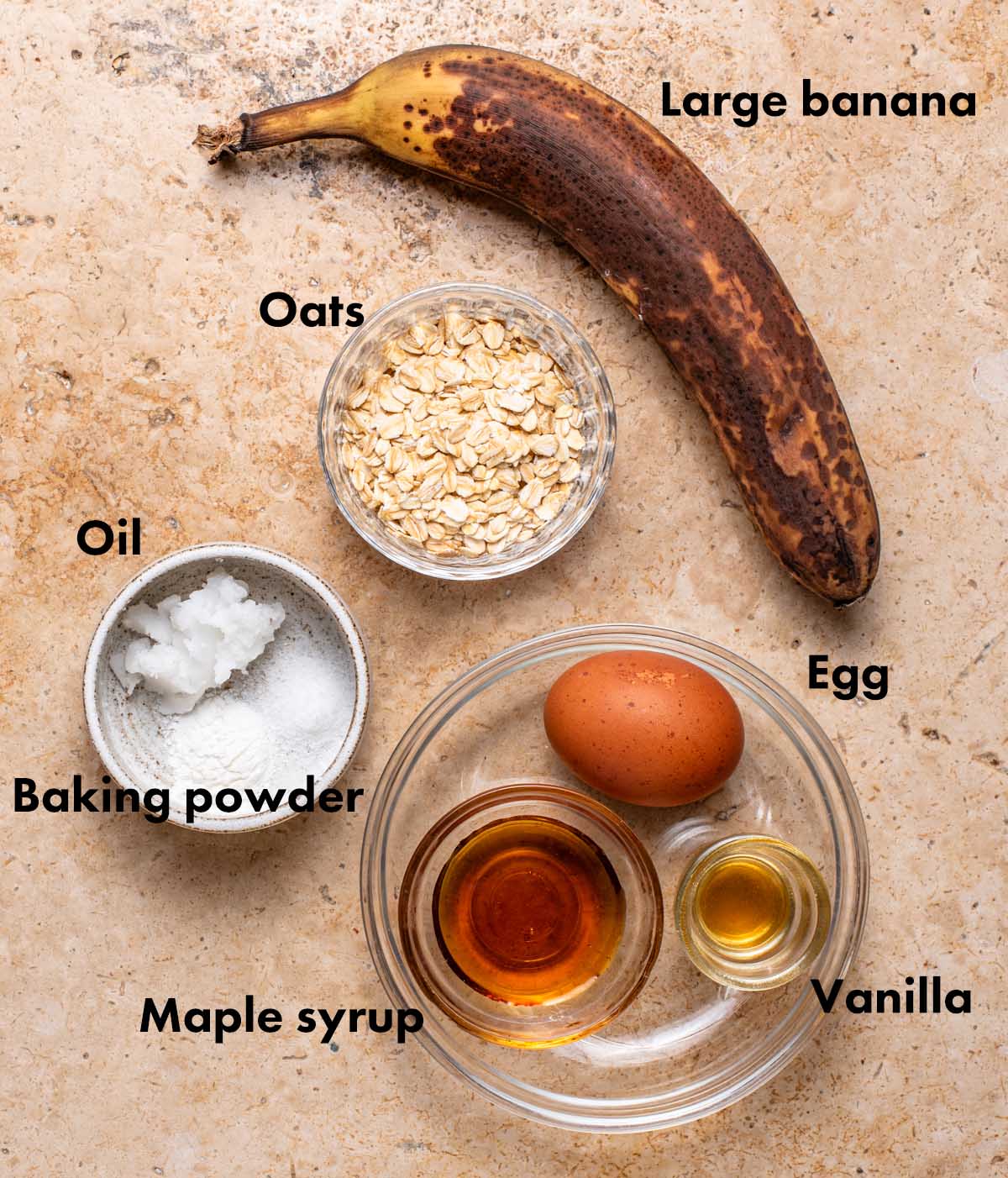 Banana bread baked oats ingredients with labels.