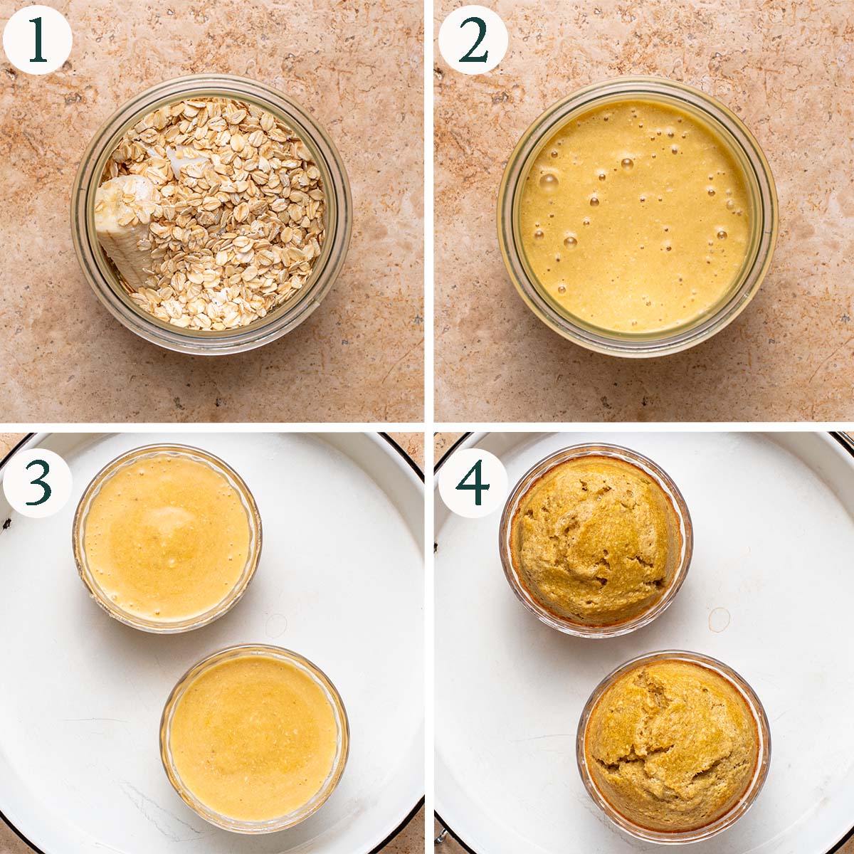 Blended oats steps 1 to 4, before and after blending, and before and after baking.