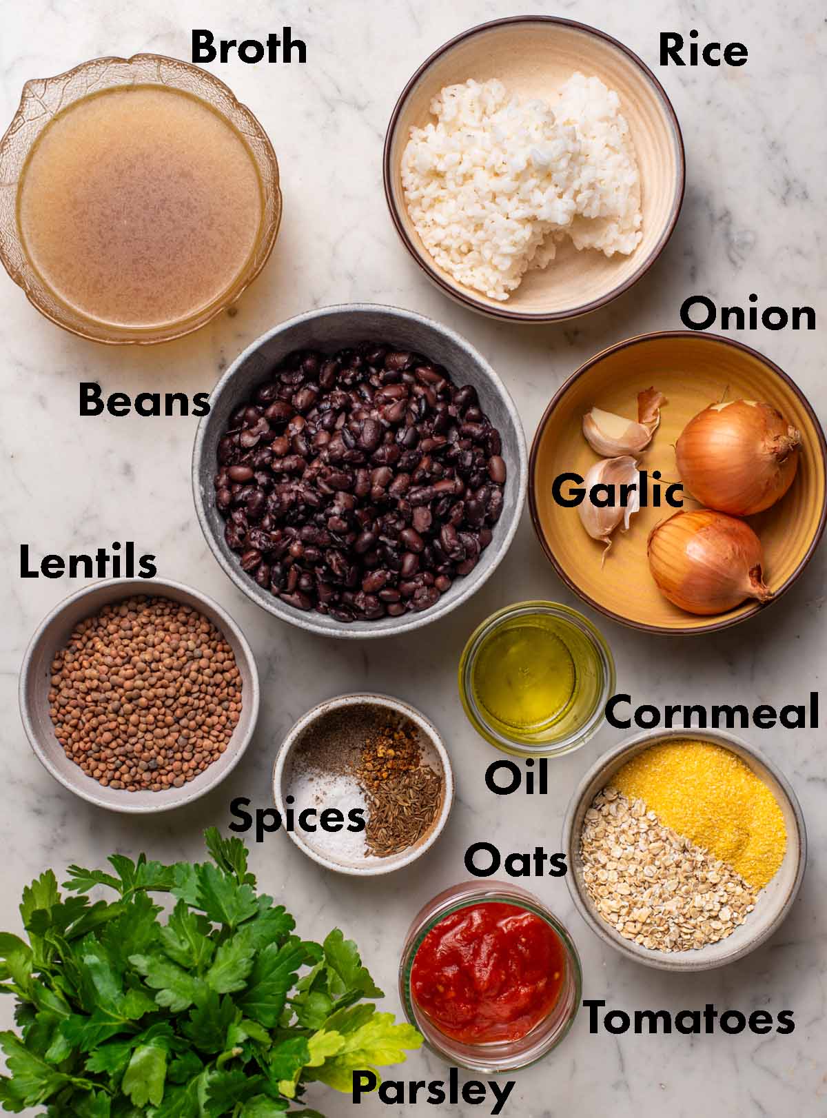 Black bean meatballs ingredients with labels.