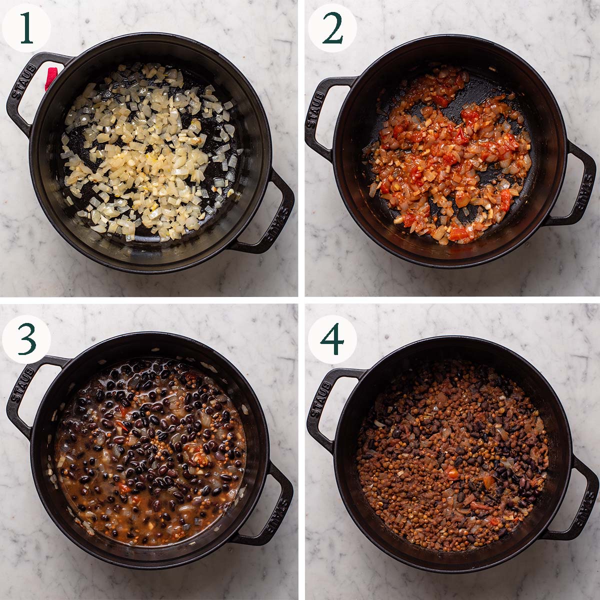 Black bean balls steps 1 to 4, sauteed onion, with tomato paste, with beans and lentils added, and after lentils are cooked.