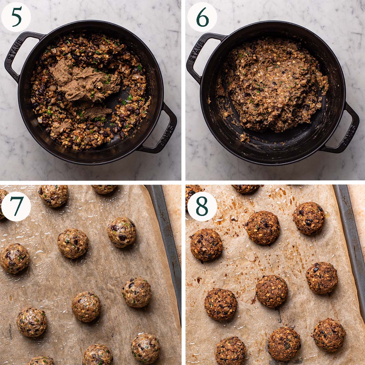 Bean balls steps 5 to 8, mixture before and after blending, and before and after baking the balls.