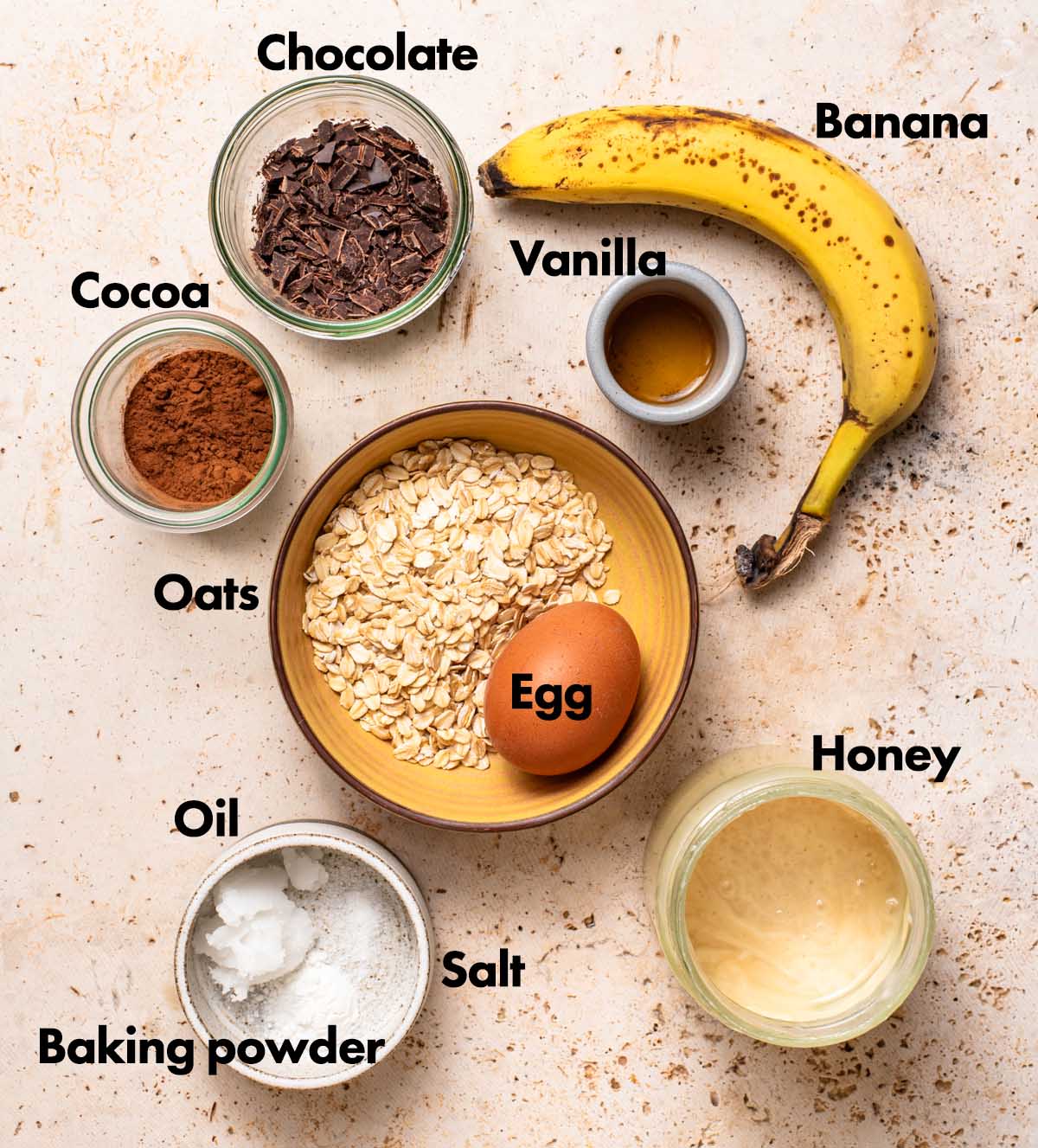 Chocolate baked oats ingredients with labels.
