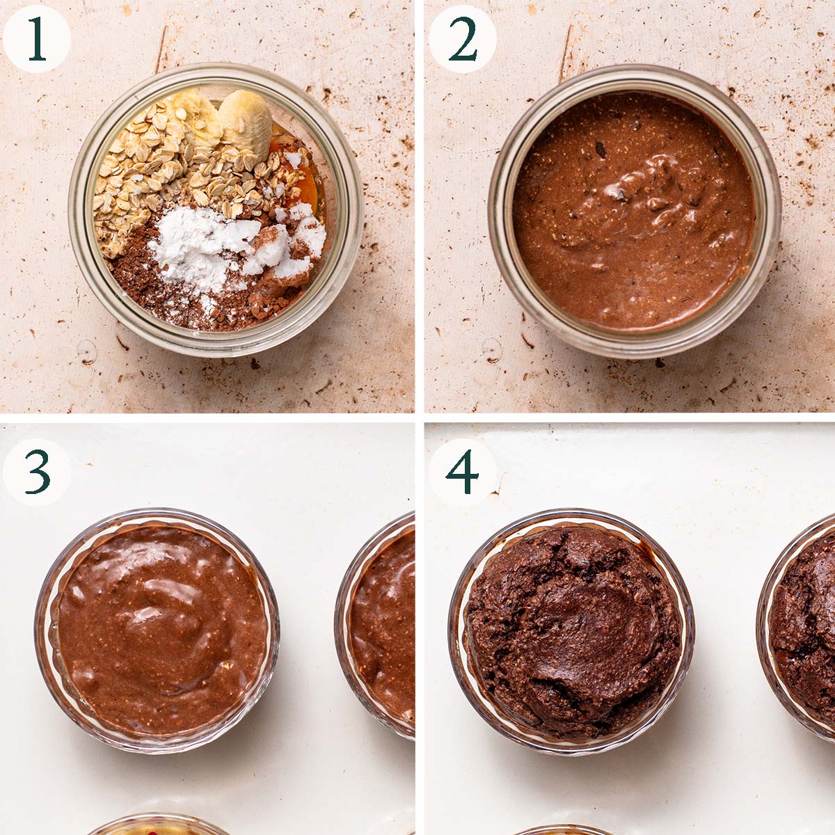 Blended oats steps 1 to 4, before and after blending, and before and after baking.
