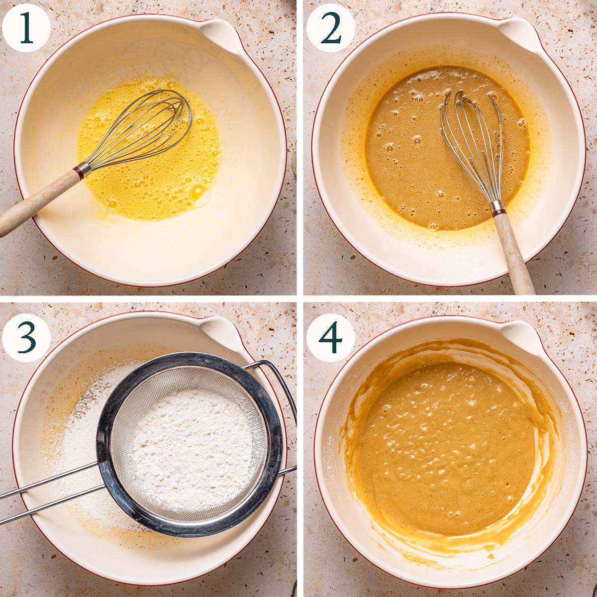 Vanilla cake steps 1 to 4, beaten eggs, other wet ingredients mixed, sifting in flour, finished cake batter.