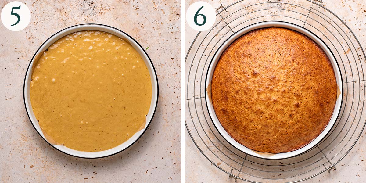 Cake steps 5 and 6, before and after baking.