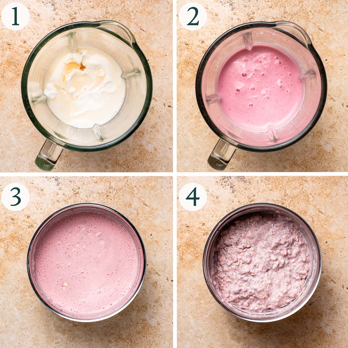 Overnight oats steps 1 to 4, before and after blending, with oats added, and after soaking.