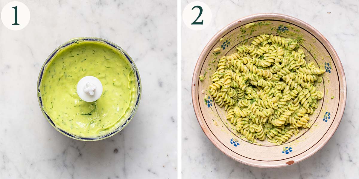 Salad steps 1 and 2, finished dressing and dressed pasta.