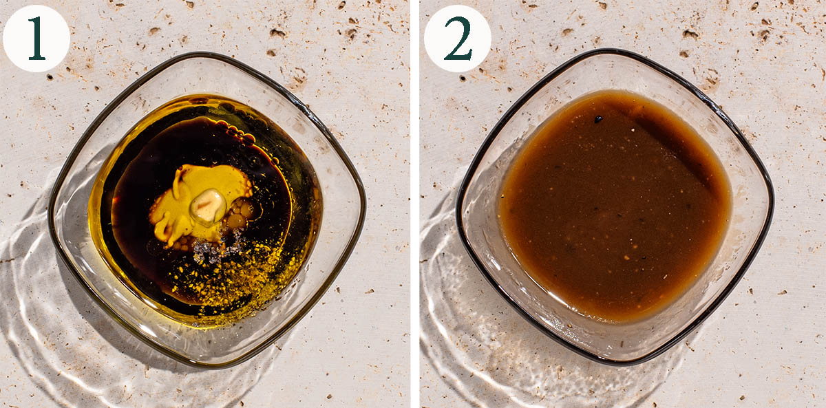 Vinaigrette steps 1 and 2, before and after mixing.