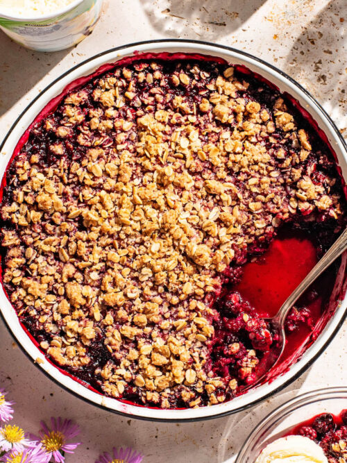 Round baking dish with a dark berry crisp, one serving removes.