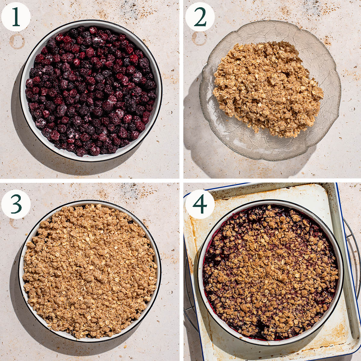 Crisp steps 1 to 4, berry mixture, streusel topping, crisp before and after baking.