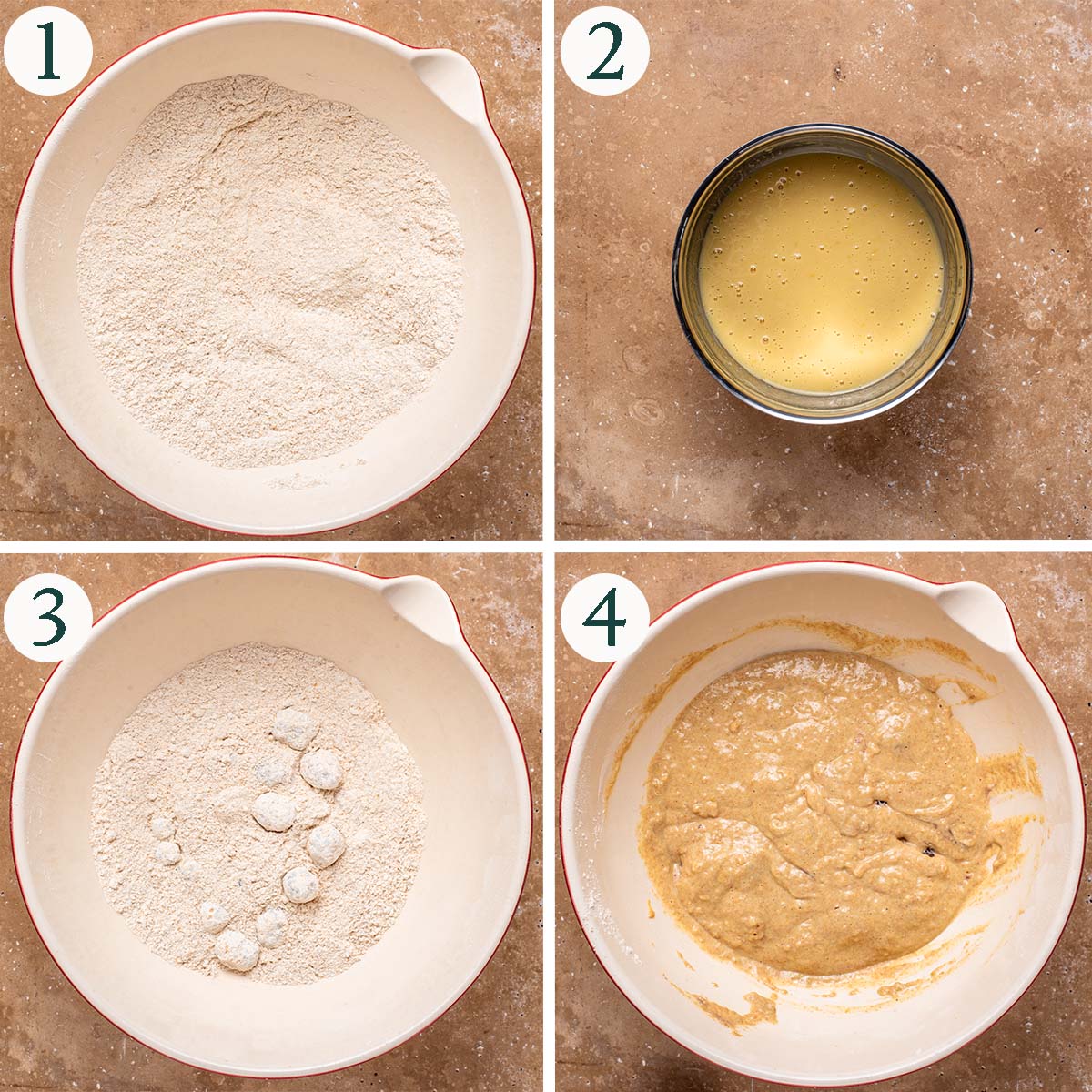 Muffins steps 1 to 4, dry ingredients mixed, wet ingredients mixed, blackberries added, and finished muffin batter.