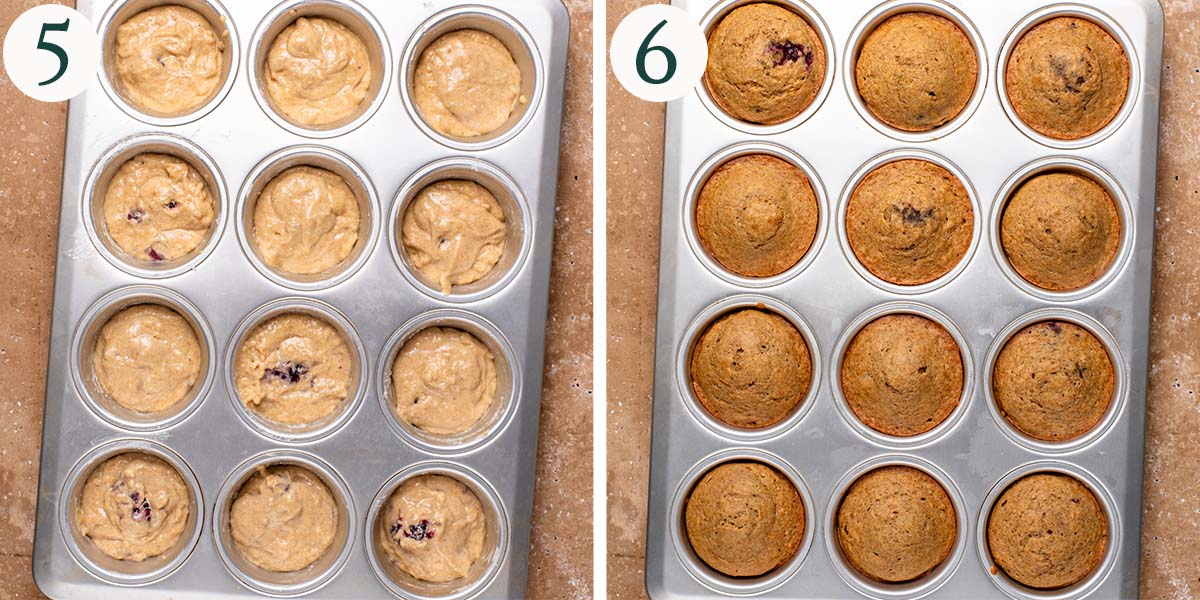 Muffins steps 5 and 6, before and after baking.