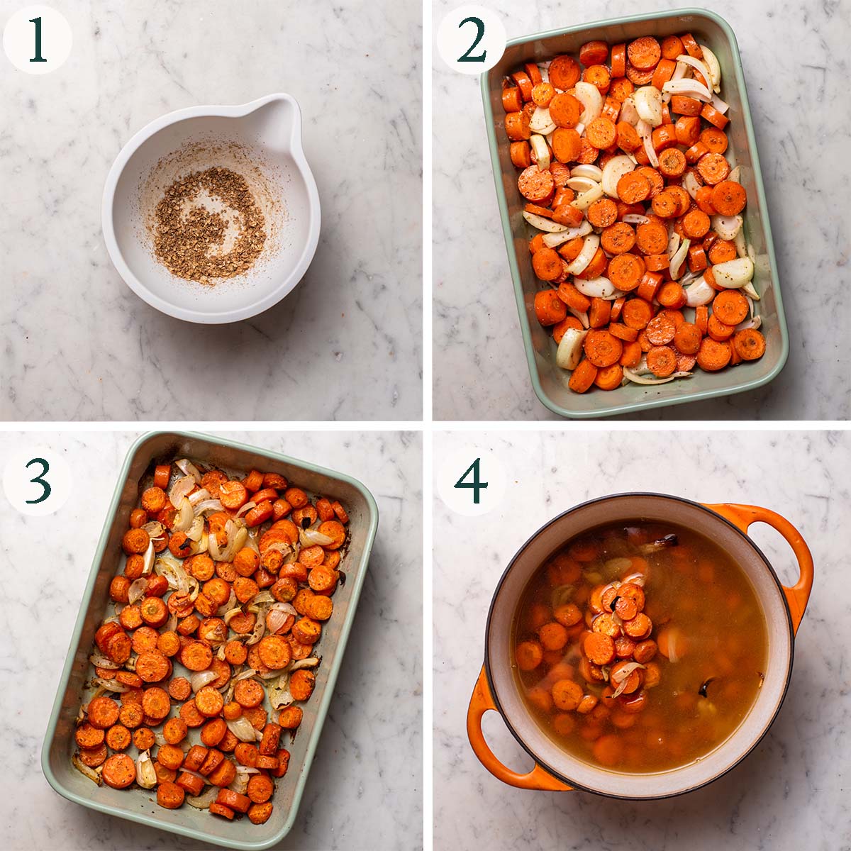 Soup steps 1 to 4, ground coriander, vegetables before and after roasting, and added to a pot with broth.
