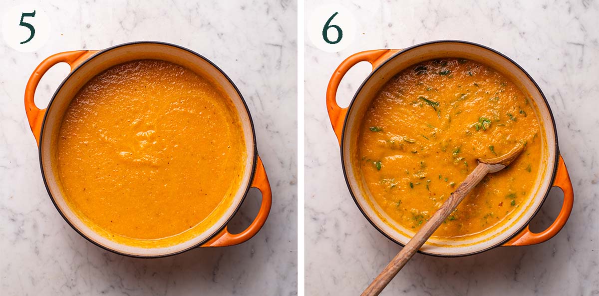 Carrot soup steps 5 and 6, after pureeing and with the coriander stirred in.