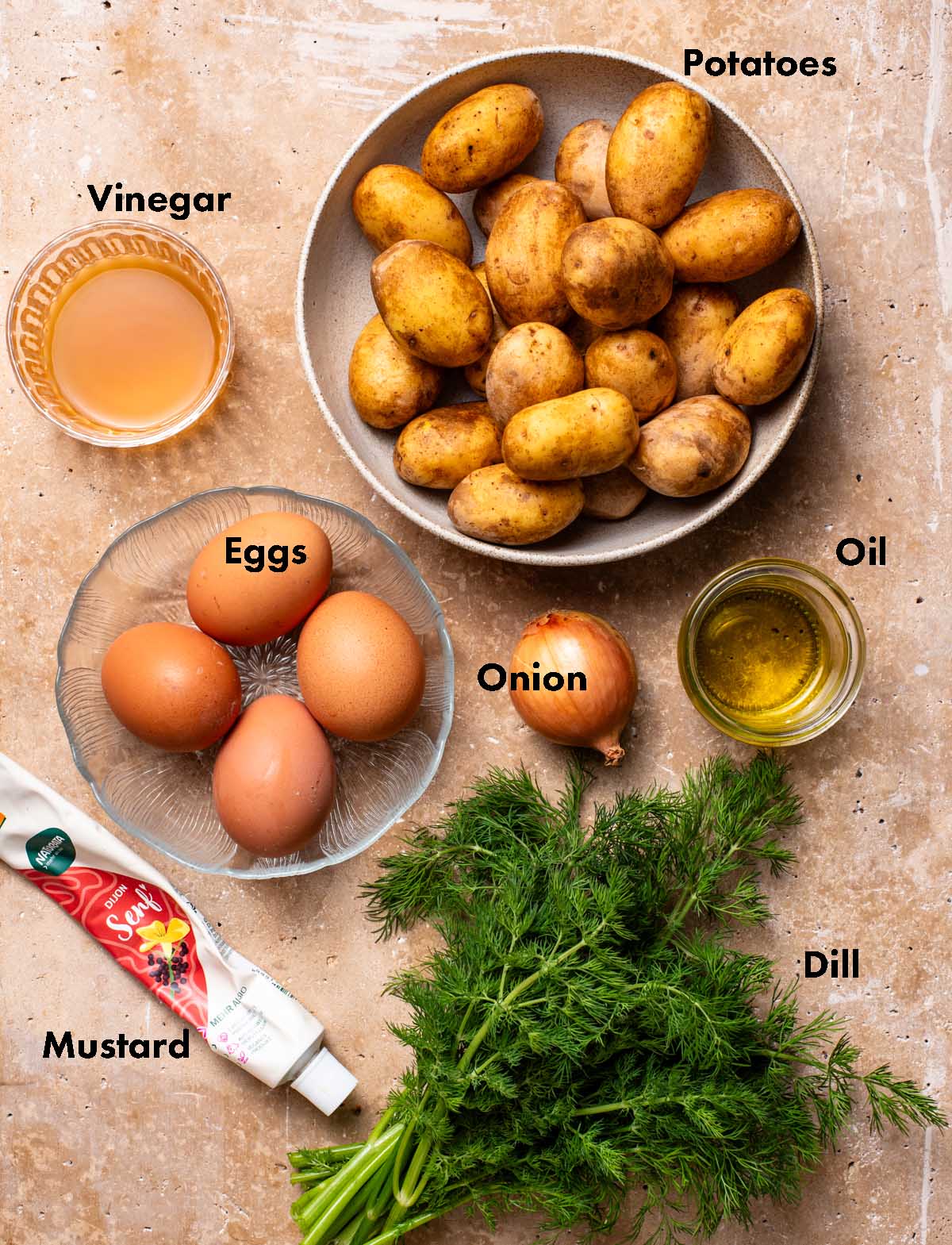 German potato salad ingredients with labels.
